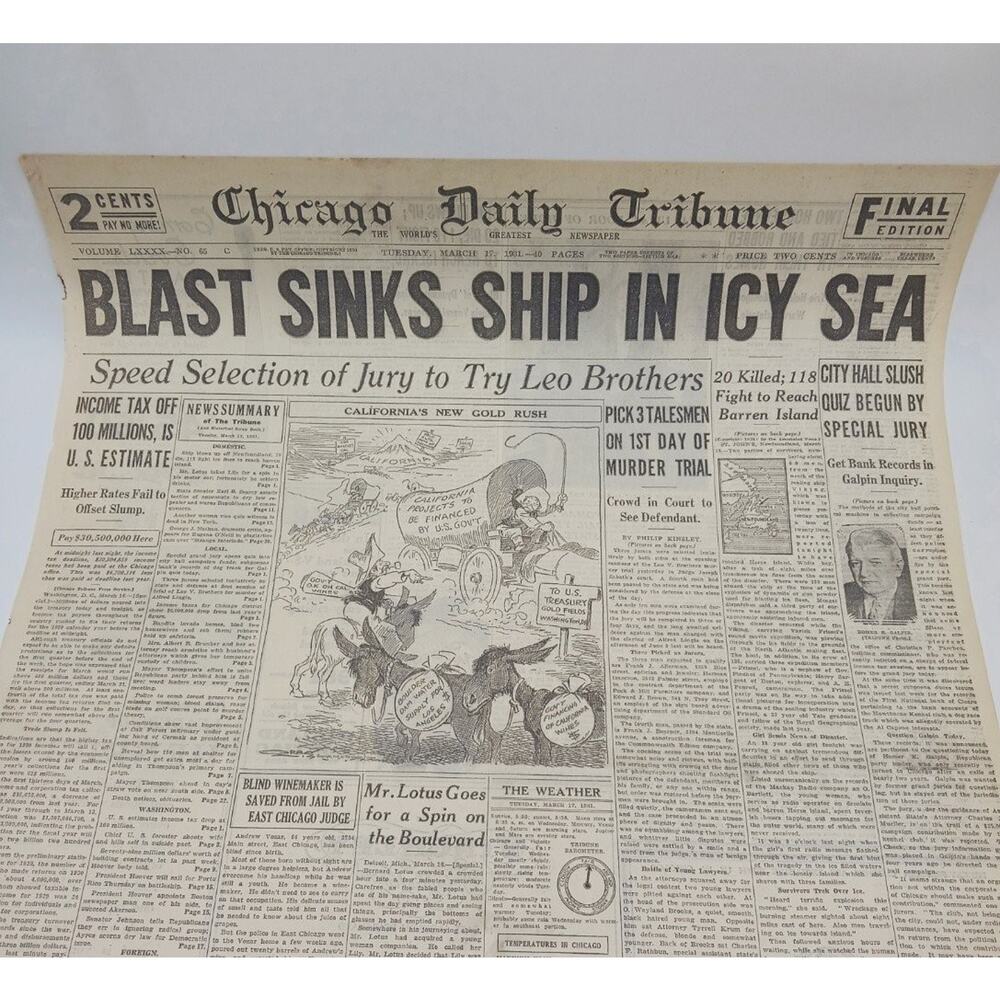 1931 Blast Sinks Ship SS Viking Income Tax Chicago Tribune Newspaper Page Crime